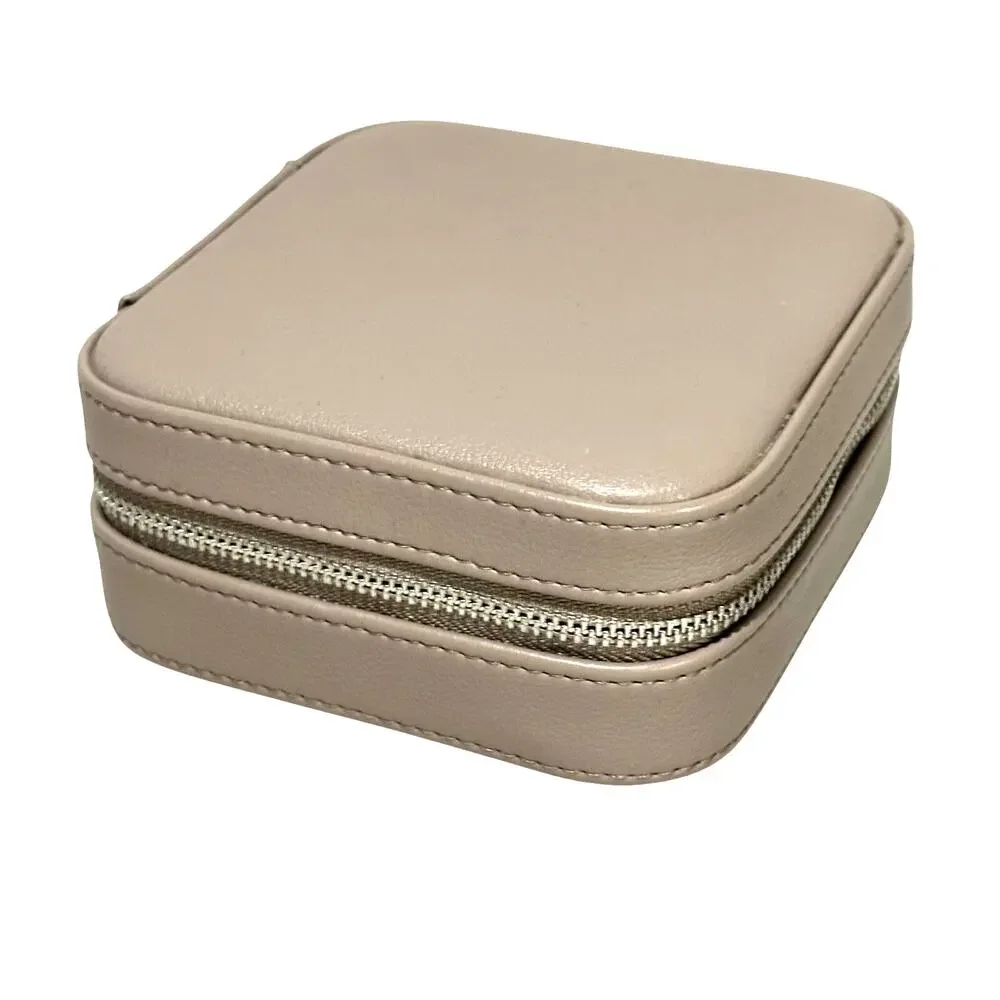 Gray leather zip around travel jewelry case small storage box organizer mirror